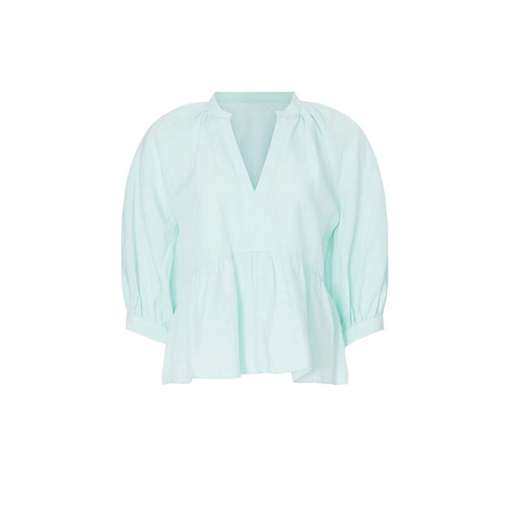 Amanda Uprichard Diego Light Blue Linen Puff Sleeve Split Neck Top Size XS - Picture 2 of 13